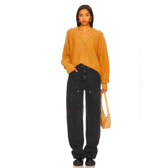 NWT FREE PEOPLE Alli V-neck Sweater Camel S - Picture 1 of 11